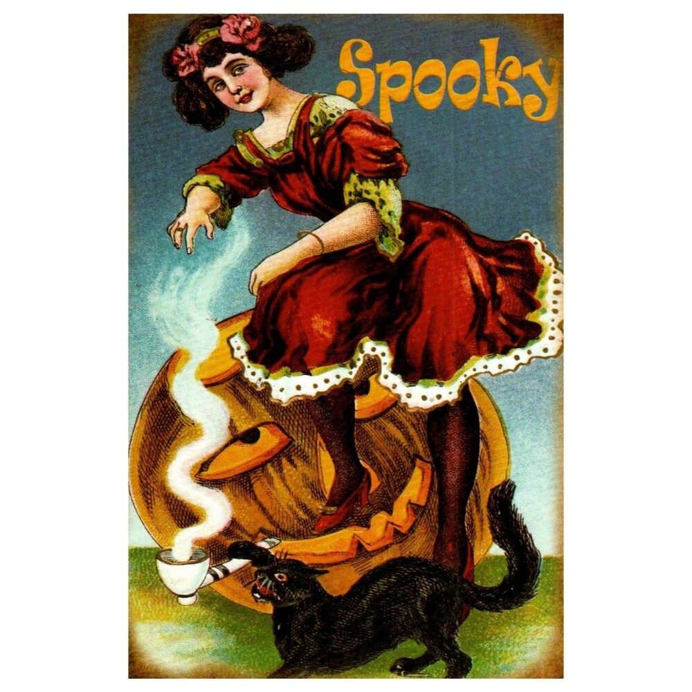 Vintage Style Halloween Spooky Woman Jack-o'-Lantern Black Cat Postcard
